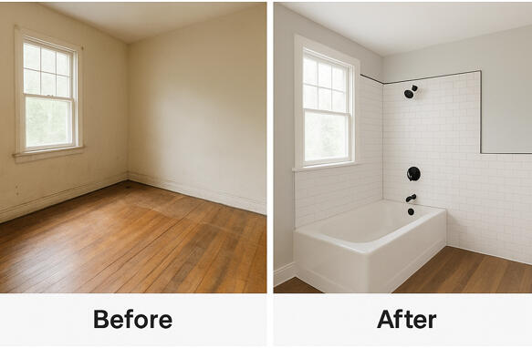 We do bathrooms, kitchens, baseents, water-damage repair, flooring fixes, drywall patches, paint refreshes, biophilic touches, a